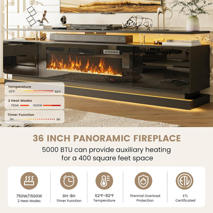 70" Fireplace TV Stand, Modern Entertainment Center for Tvs up to 80”, TV Console with Storage Cabinets, Media Console for Living Room, Black TV Stand and Black Fireplace