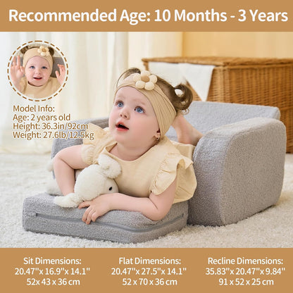 3-In-1 Toddler Couch, Toddler Chairs Comfy 1-3 Years Old, Kids Couch Bed Fold Out, Gifts for 1 2 Year Old Girls Boys
