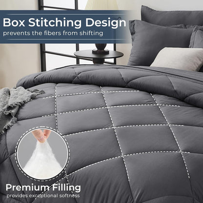 7 Pieces Queen Comforter Set, All Season Reversible Bed in a Bag Queen, Ultra Soft Queen Bedding Set with Grey Comforter, Flat Sheet, Fitted Sheet, Pillowcases, Pillow Shams, Dark Grey