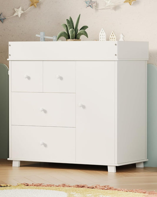 Baby Changing Table Dresser with 5 Drawers, Modern Nursery Dresser with an Open Storage Space, Diaper Changing Station for Bedroom, Kids Room, Baby Room, White