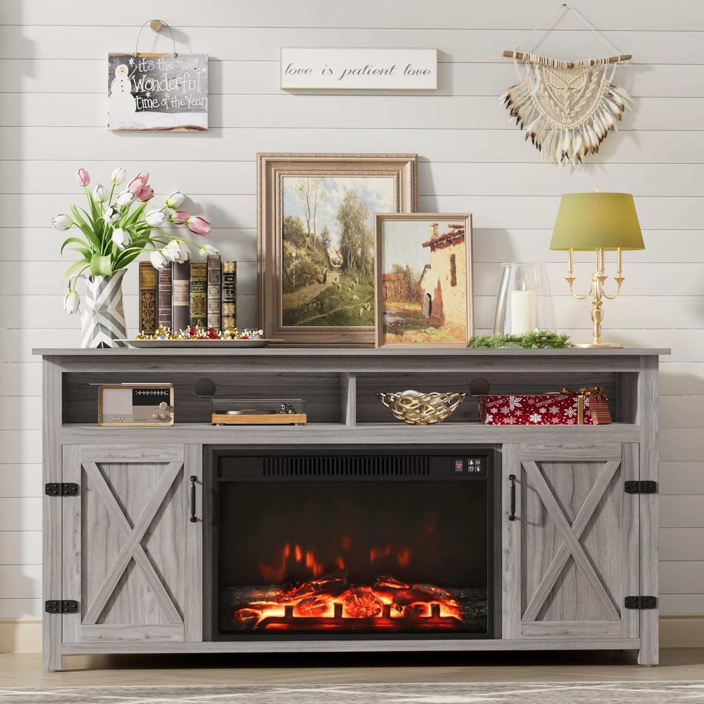 Farmhouse Fireplace TV Stand for Tvs up to 65 Inch Highboy Entertainment Center with Open Storage and Side Cabinets Rustic Media Console Table with Barn Doors for Living Room (Grey Wash)