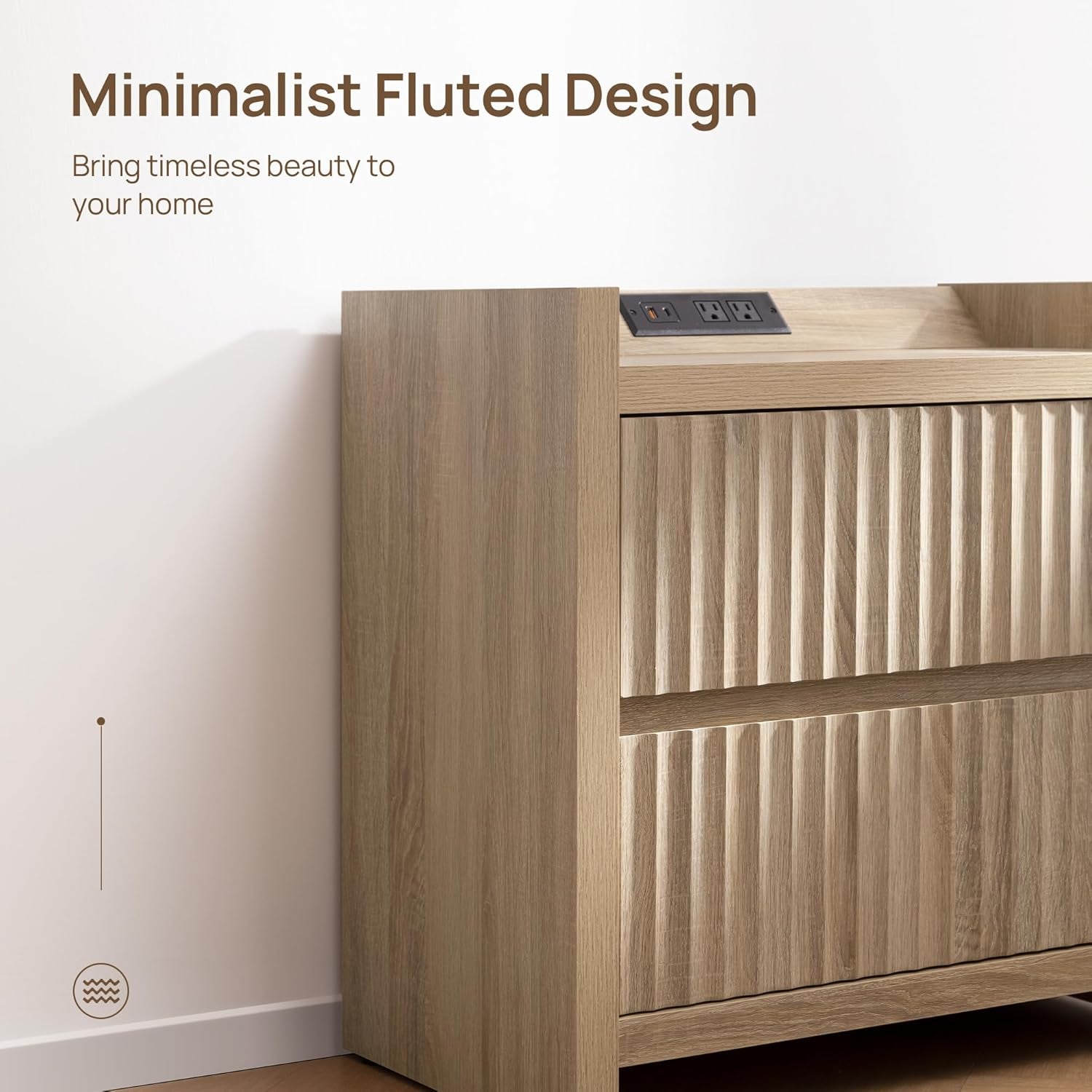 Fluted Night Stand Set 2 - Nightstands with Charger Station, Large Modern Bedside Table End Table with 2 Drawers, 25" Wide Farmhouse Nightstand for Bedroom (Light Oak, 2 Pieces)
