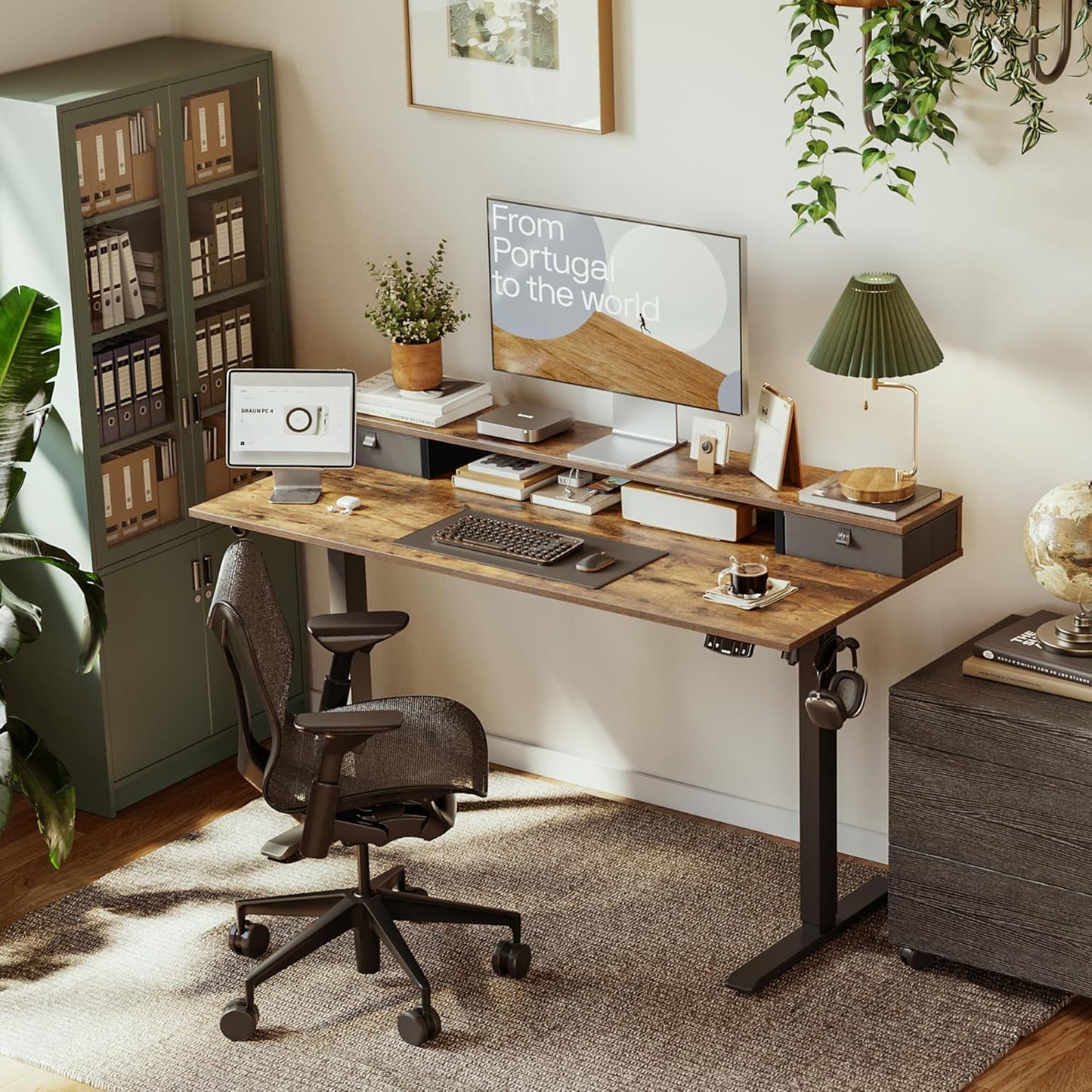 48 X 24 Inches Electric Standing Desk with 2 Storage Drawers, Adjustable Height Sit and Stand Computer Table with Splice Board, Rustic Brown