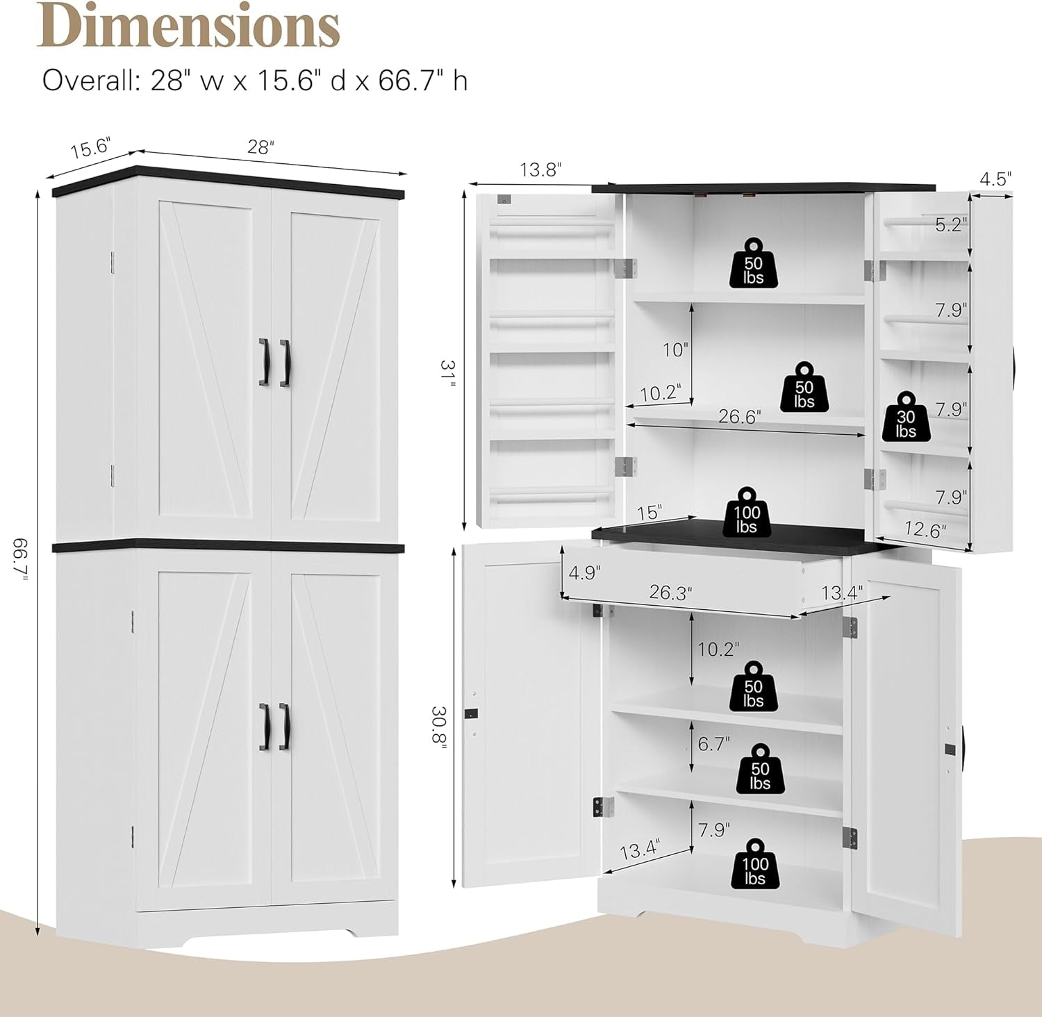Kitchen Pantry Storage Cabinet with Barn Doors, Drawer and Adjustable Shelves, 6-Tier Tall Rustic Wood Cupboard Locker for Kitchen, Dining Room, Living Room, Bathroom, (White)