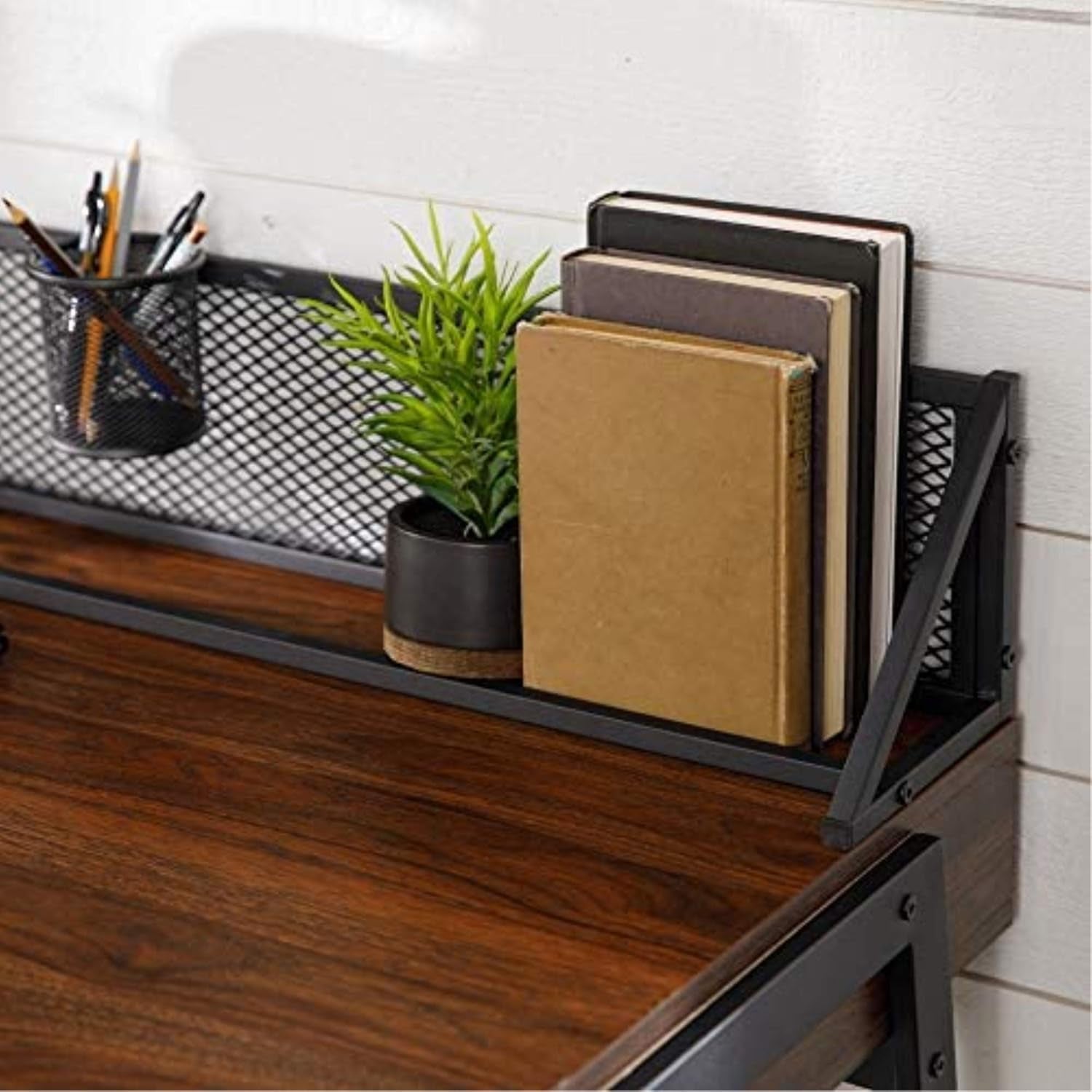 Industrial Mesh Wood Laptop Computer Writing Desk Home Office Workstation Small, 42 Inch, Dark Walnut