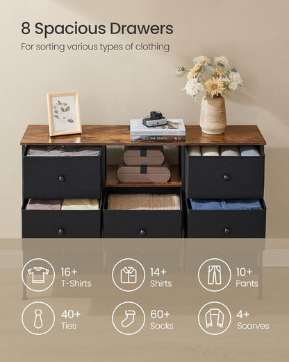 Dresser for Bedroom, Fabric Dresser with Power Outlets and LED Lights, TV Stand for up to 60 Inch Tvs, 25 Colors, 11.8 X 47.2 X 31.3 Inches, Ink Black and Rustic Brown ULTS518B01