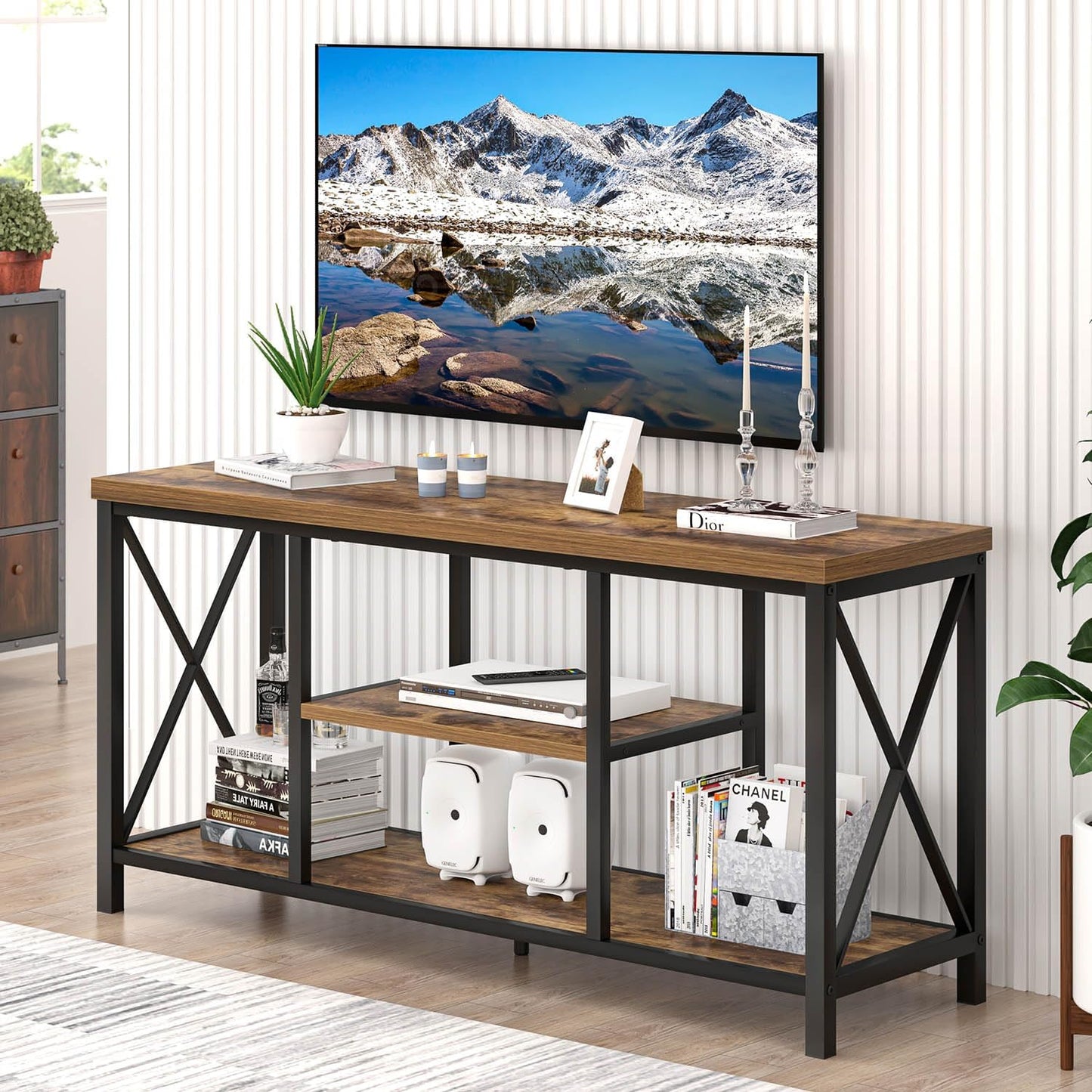 TV Stand for Televisions up to 55 Inch, Modern Entertainment Center with Storage, Industrial Media TV Console Table for Living Room Bedroom, Rustic Brown 47 Inch