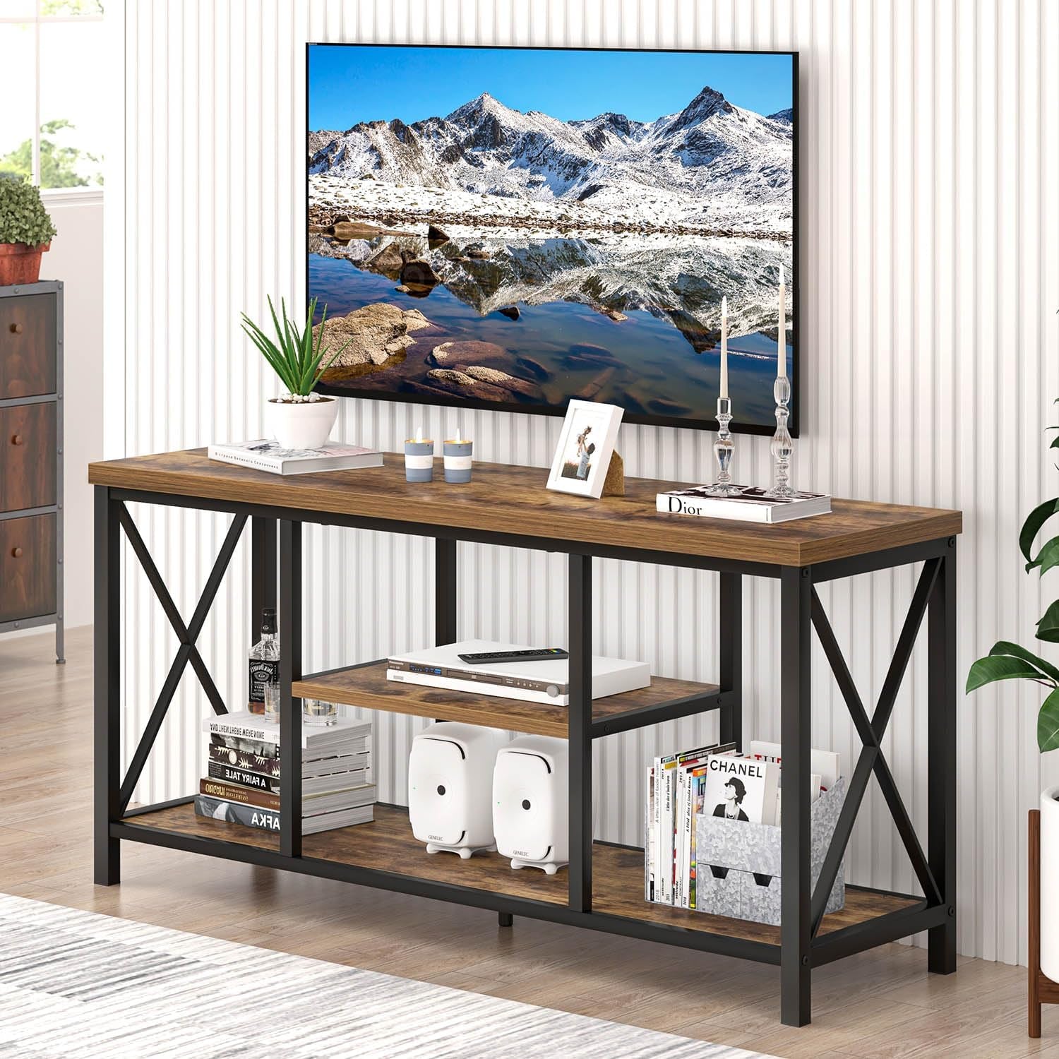 TV Stand for Televisions up to 55 Inch, Modern Entertainment Center with Storage, Industrial Media TV Console Table for Living Room Bedroom, Rustic Brown 47 Inch