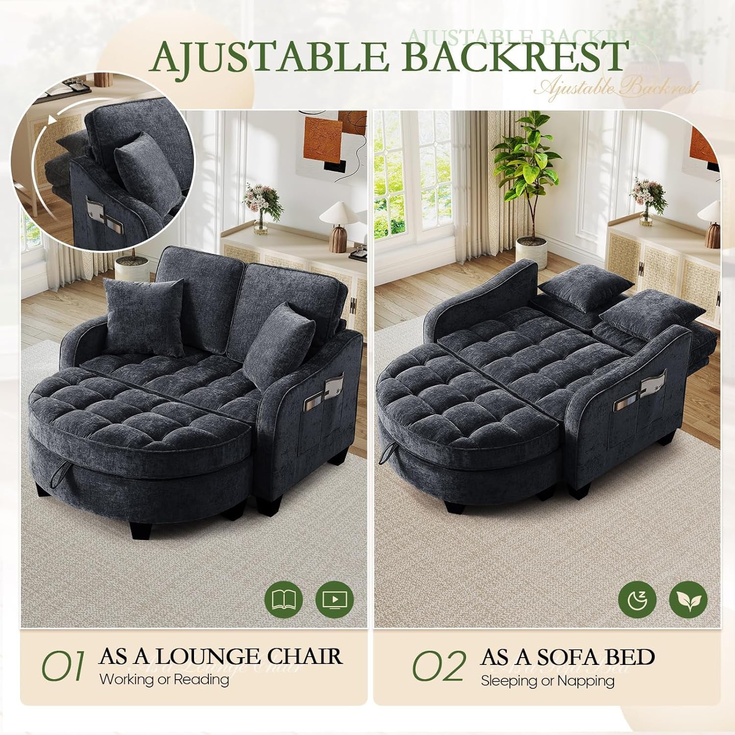 Chaise Lounge Chair Indoor, Chenille Oversized Sofa Chair with Storage Ottoman & Adjustable Backrest, Fluffy Loveseat Sofa, Comfy Convertible Sleeper Couch Bed for Living Room, Bedroom(Blue)