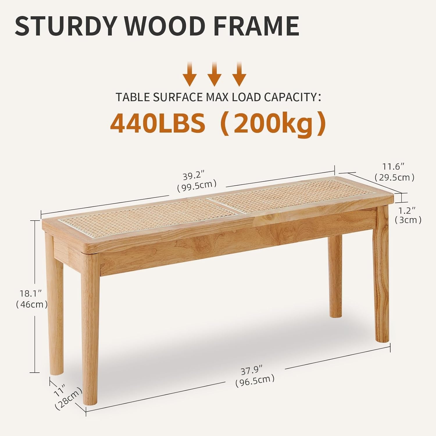 40" Wooden Dining Bench with Hand Woven Rattan Seat,Solid Wood Bench for Entryway,Living Room,Kitchen and Bedroom（Nature Wood，18" H