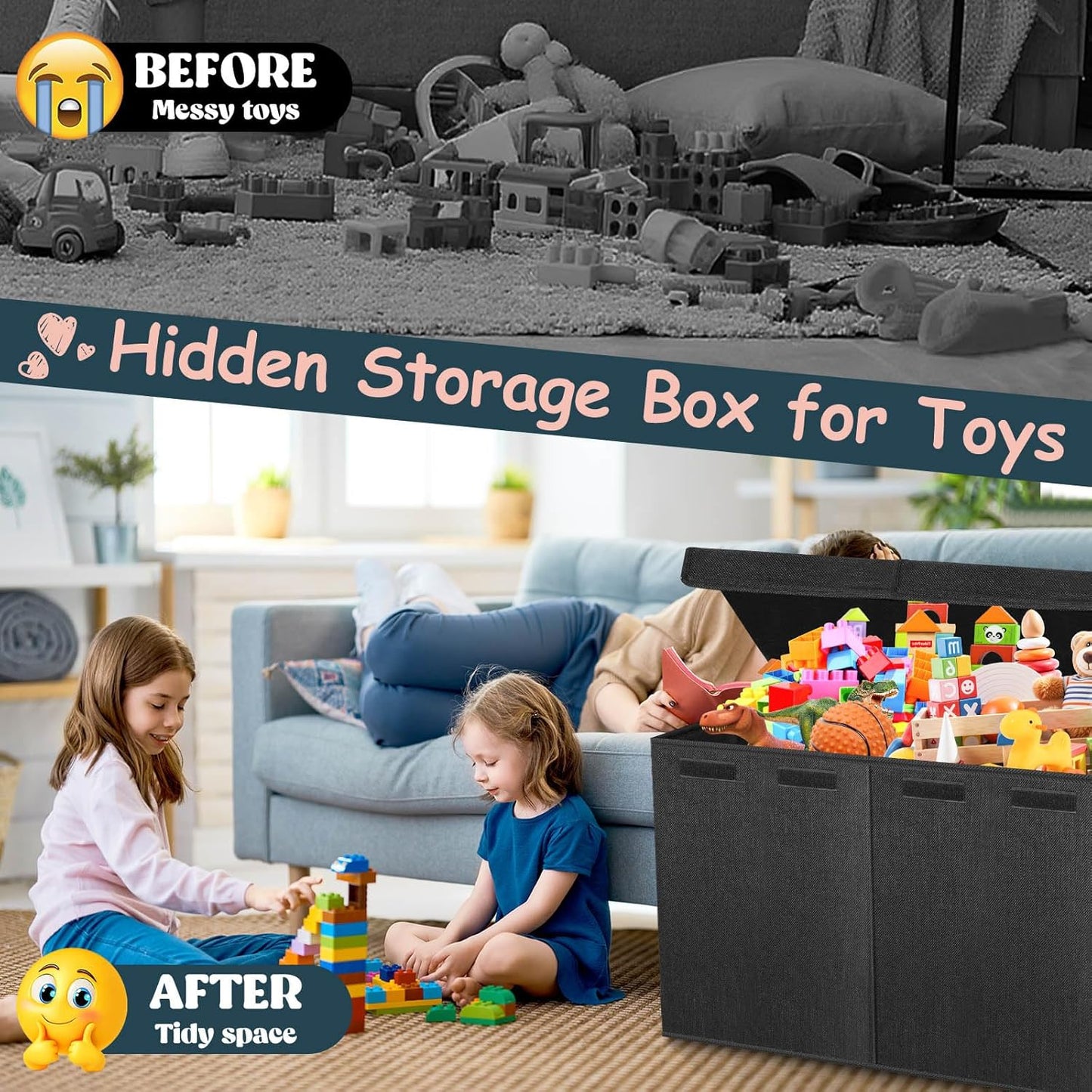 Extra Large Toy Box with Lids - Sturdy Collapsible Kids Storage Organizer Big Bin Chest Basket with Dividers for Boys Girls, Bedroom, Nursery, Living Room, Playroom Organization, 38"X16"X14", Black