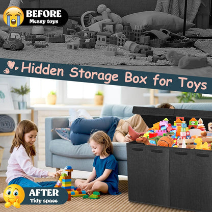 Extra Large Toy Box with Lids - Sturdy Collapsible Kids Storage Organizer Big Bin Chest Basket with Dividers for Boys Girls, Bedroom, Nursery, Living Room, Playroom Organization, 38"X16"X14", Black