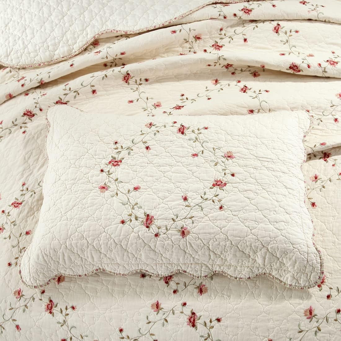 2-Piece Elegant Floral Embroidered Pillow Shams King Size 100% Cotton Quilted Decorative Pillow Shams Set (Cream,20"X36")