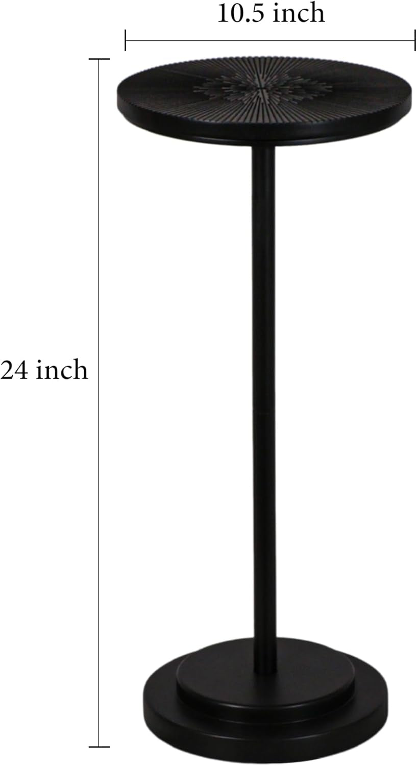 Drink Table, Carved Table Top Martini Table, Small Side Table, Weighted Base Pedestal Table for Living Room, Bedroom, Modern, Black, 1-Pack