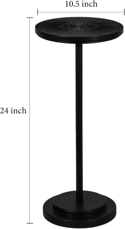 Drink Table, Carved Table Top Martini Table, Small Side Table, Weighted Base Pedestal Table for Living Room, Bedroom, Modern, Black, 1-Pack