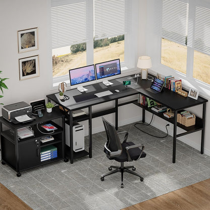 Reversible L Shaped Desk with Magic Power Outlets and USB Charging Ports, Sturdy Corner Computer Desk with Storage Shelves, Gaming Table Home Office Desk, Easy to Assemble, Black