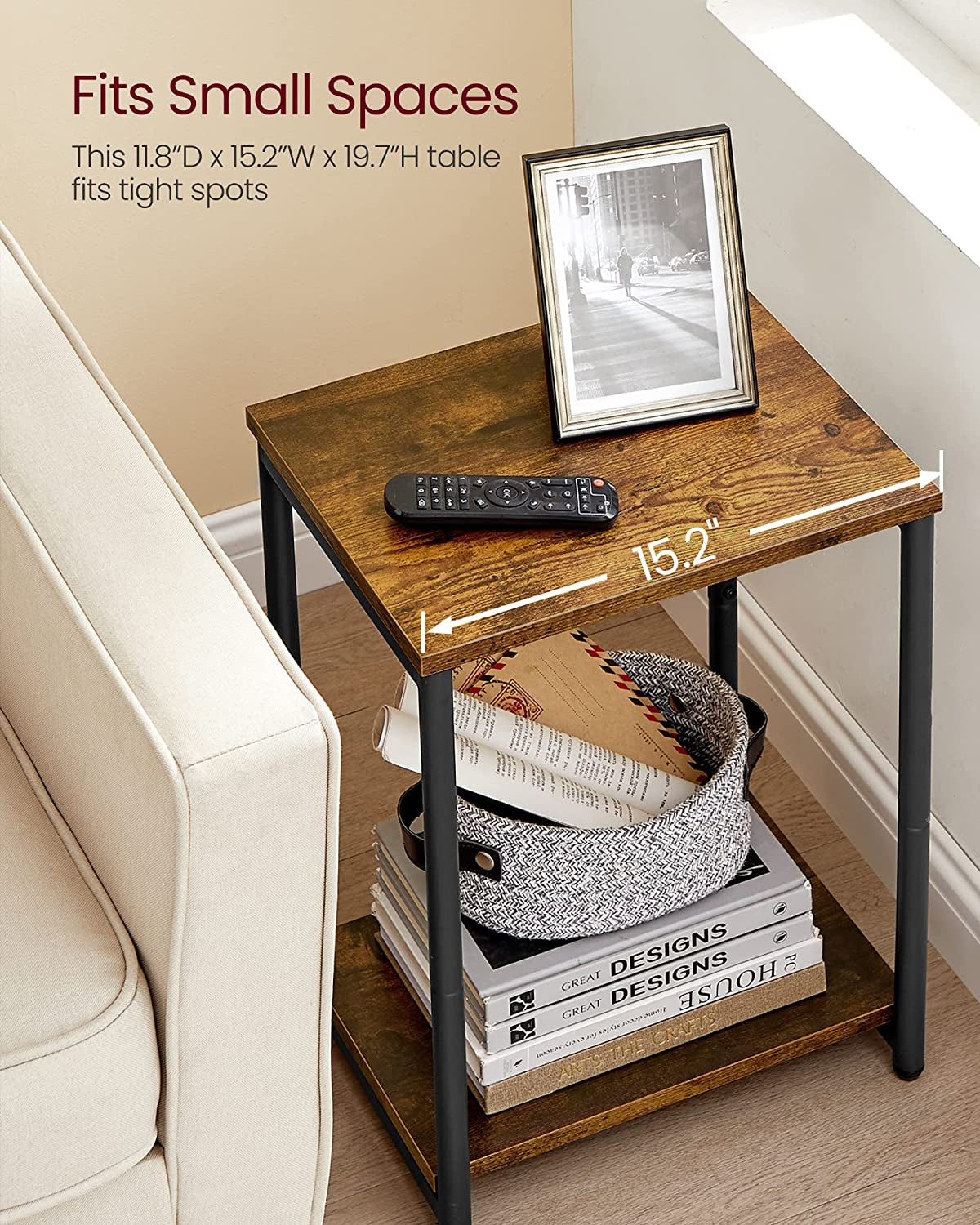 Side Table, Small End Table, Nightstand for Living Room, Bedroom, Office, Bathroom, Rustic Brown and Black ULET271B01