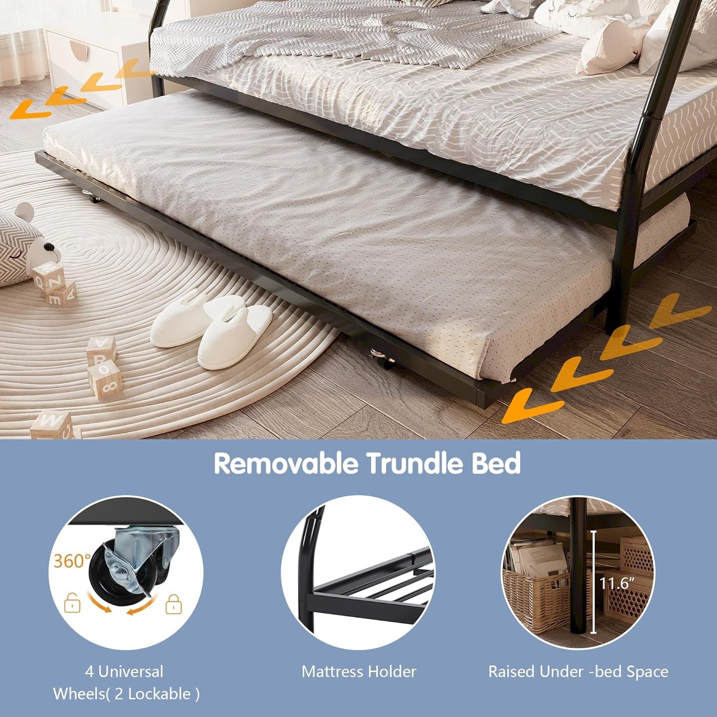 Bunk Bed Twin over Full with Trundle, Twin Trundle Bed with Daybed, Metal Bunk Bed with 2 Secured Ladders, Safety Guard, Noise Free for Small Bedroom, Black (With Trundles, Twin over Full)