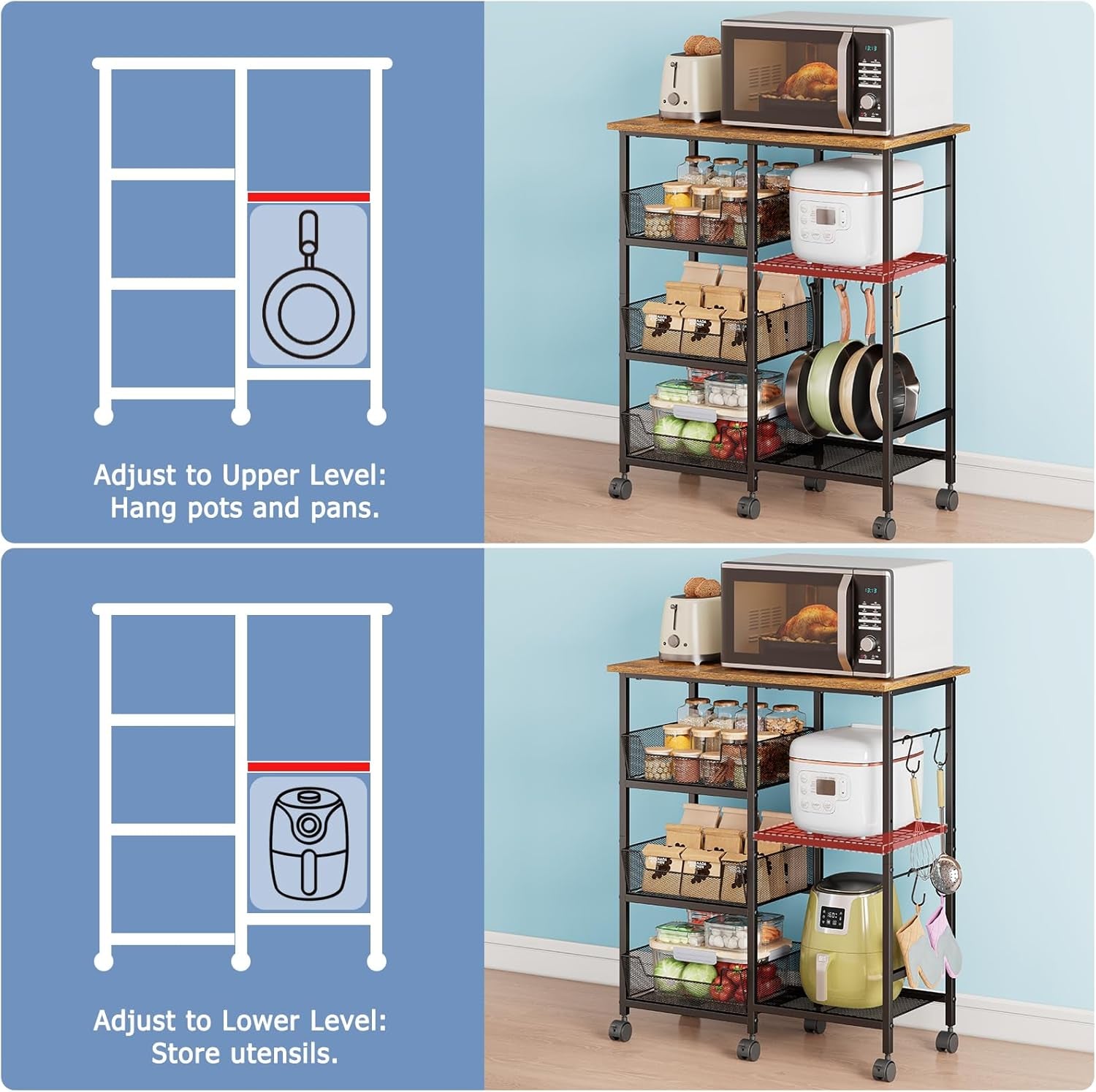 Rolling Kitchen Storage Microwave Cart, Kitchen Island with Adjustable Shelf on Lockable Wheels, Countertop 27.75"L × 15.35"W, Bakers Rack with Tilt-Out Baskets, for Kitchen, Coffee Bar, Living Room