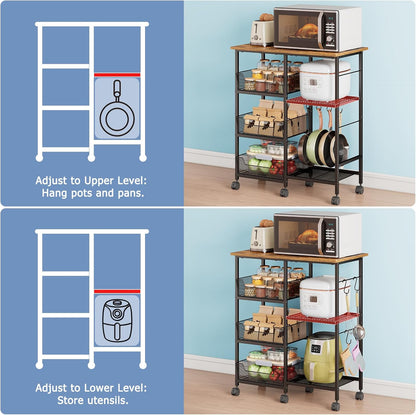 Rolling Kitchen Storage Microwave Cart, Kitchen Island with Adjustable Shelf on Lockable Wheels, Countertop 27.75"L × 15.35"W, Bakers Rack with Tilt-Out Baskets, for Kitchen, Coffee Bar, Living Room