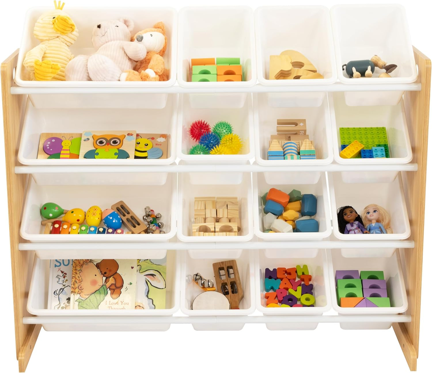 Supersized Toy Storage Organizer with 16 Removable Bins, Natural/White – Large Toy Storage for Toddlers Ideal for Kids' Rooms, Playrooms, and Nurseries - Modern Toy Bins for Kids
