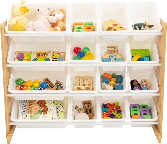 Supersized Toy Storage Organizer with 16 Removable Bins, Natural/White – Large Toy Storage for Toddlers Ideal for Kids' Rooms, Playrooms, and Nurseries - Modern Toy Bins for Kids