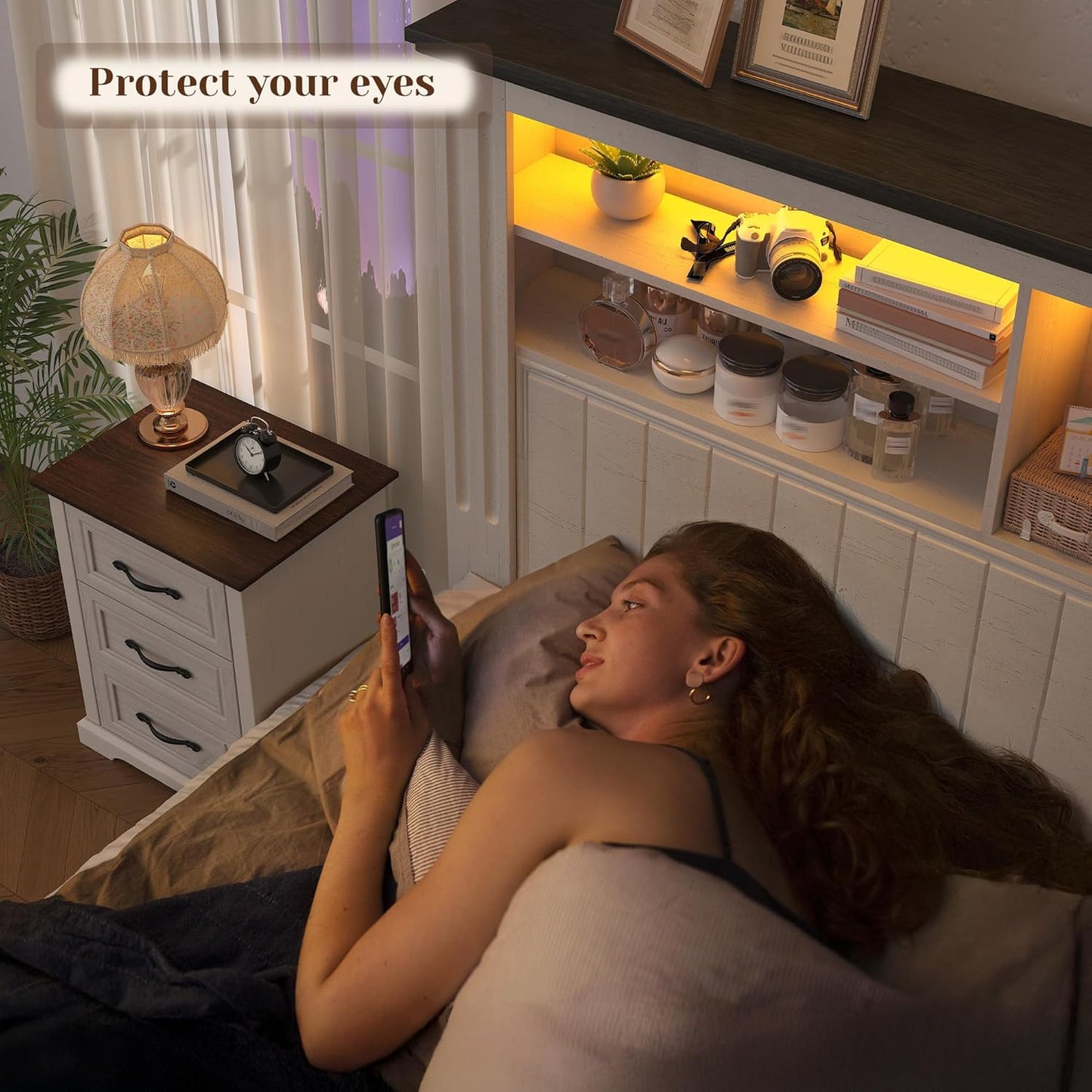 Queen Bed Frame with Headboard and Storage, 4 Drawers and LED Built in Charging Station Bed Frame Queen Size with Storage Farmhouse, NO Noise,No Box Spring Needed, White