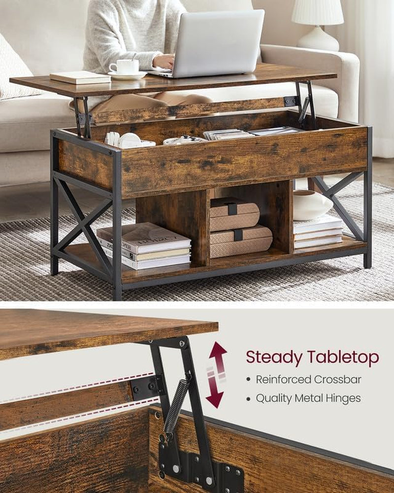 Lift Top Coffee Table, Lift Coffee Table with Storage Shelf, Hidden Compartments and Lifting Top, for Living Room, Office, 19.7 X 47.2 X (19.3-24.4) Inches, Rustic Brown and Black ULCT212B01