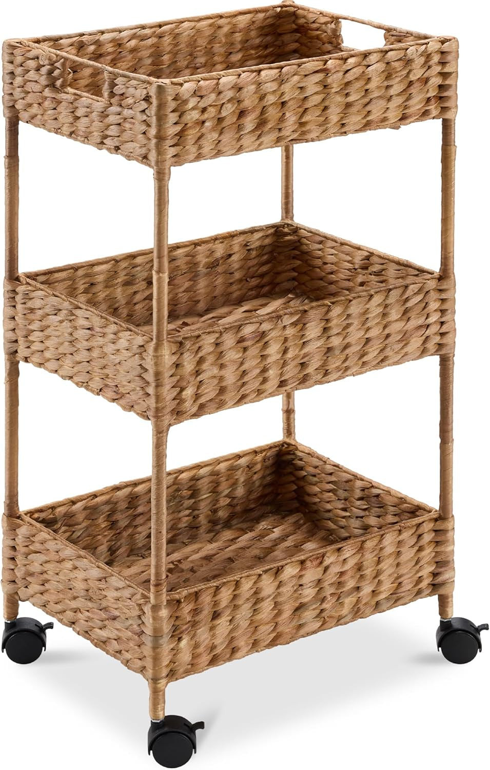 3-Tier Water Hyacinth Rolling Nursery Caddy W/Wheels, Utility Cart, Storage Organization for Bathroom, Craft Room, Laundry Room– Chestnut