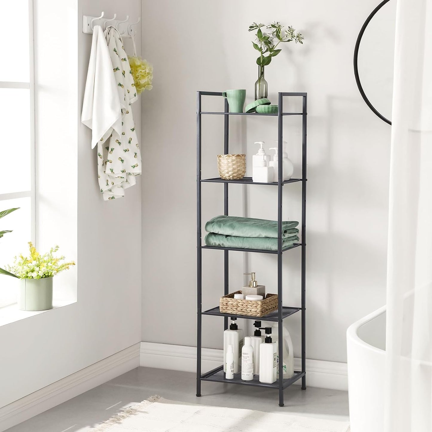 5-Tier Storage Rack, Bathroom Shelf, Extendable Plant Stand with Adjustable Shelf, for Bathroom, Living Room, Balcony, Kitchen, Black UBSC35BK, 11.8 X 15 X 50.4 Inches