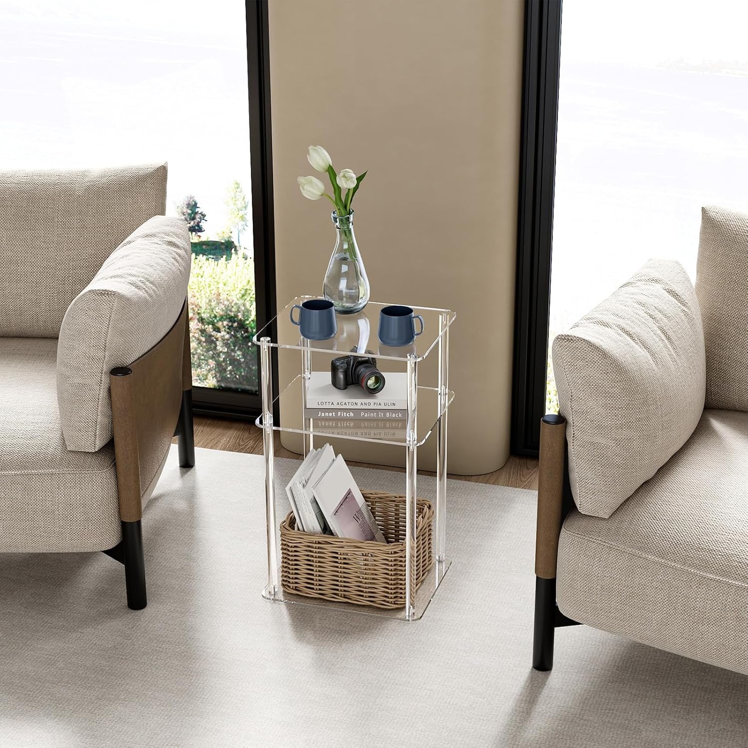 Acrylic Side Table for Small Spaces, 14" L X 11.5" W X 23.2" H, Nightstand/Bedside Table, Home Accent End Table for Living Room, Bedroom, 3 Tier, Clear