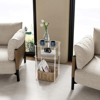 Acrylic Side Table for Small Spaces, 14" L X 11.5" W X 23.2" H, Nightstand/Bedside Table, Home Accent End Table for Living Room, Bedroom, 3 Tier, Clear