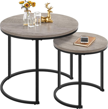 Nesting Coffee Table Set of 2, Nesting Table, Rustic Stacking Side Tables, Nesting End Table Set W/Round Wooden Tabletop and Sturdy Metal Base for Living Room,Small Space, Gray | Nesting Table, Rustic, Stacking Side Tables, Living Room, Small Space