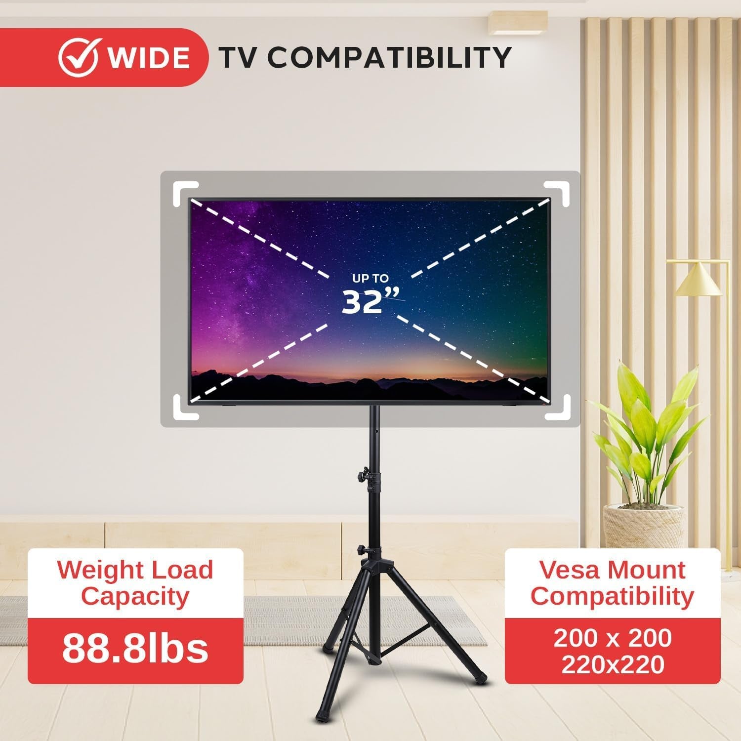 Premium LCD Flat Panel TV Tripod Stand, Portable & Foldable TV Mount for LCD/LED Flat Screen Tvs up to 32", Adjustable Height, 88.8 Lbs Capacity, VESA 100X200/200X200 - (PTVSTNDPT3215)