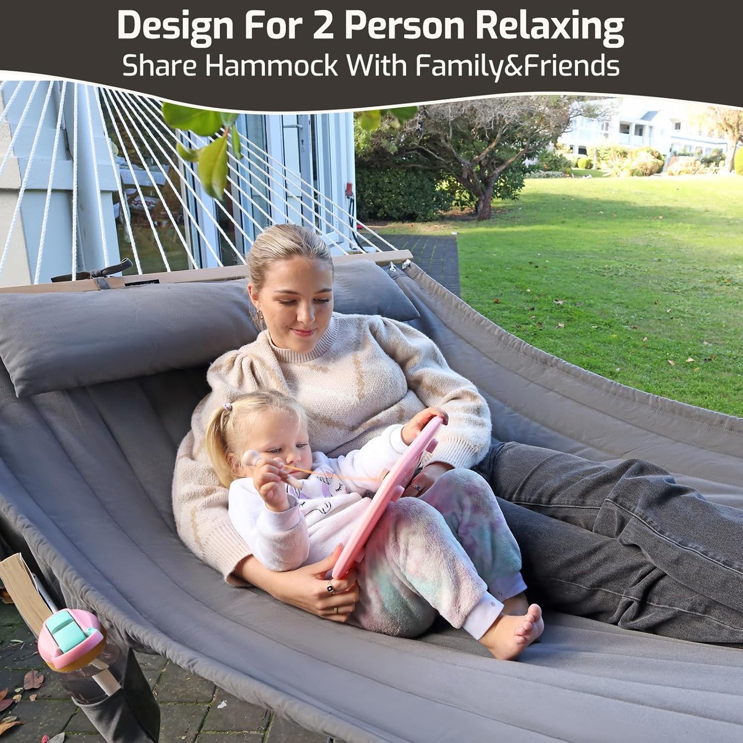 Double Quilted Fabric Hammock with Hardwood Spreader Bars and Pillow 450 LBS Capacity 2 Person Large Hammock for Outdoor Patio Backyard Poolside - Green