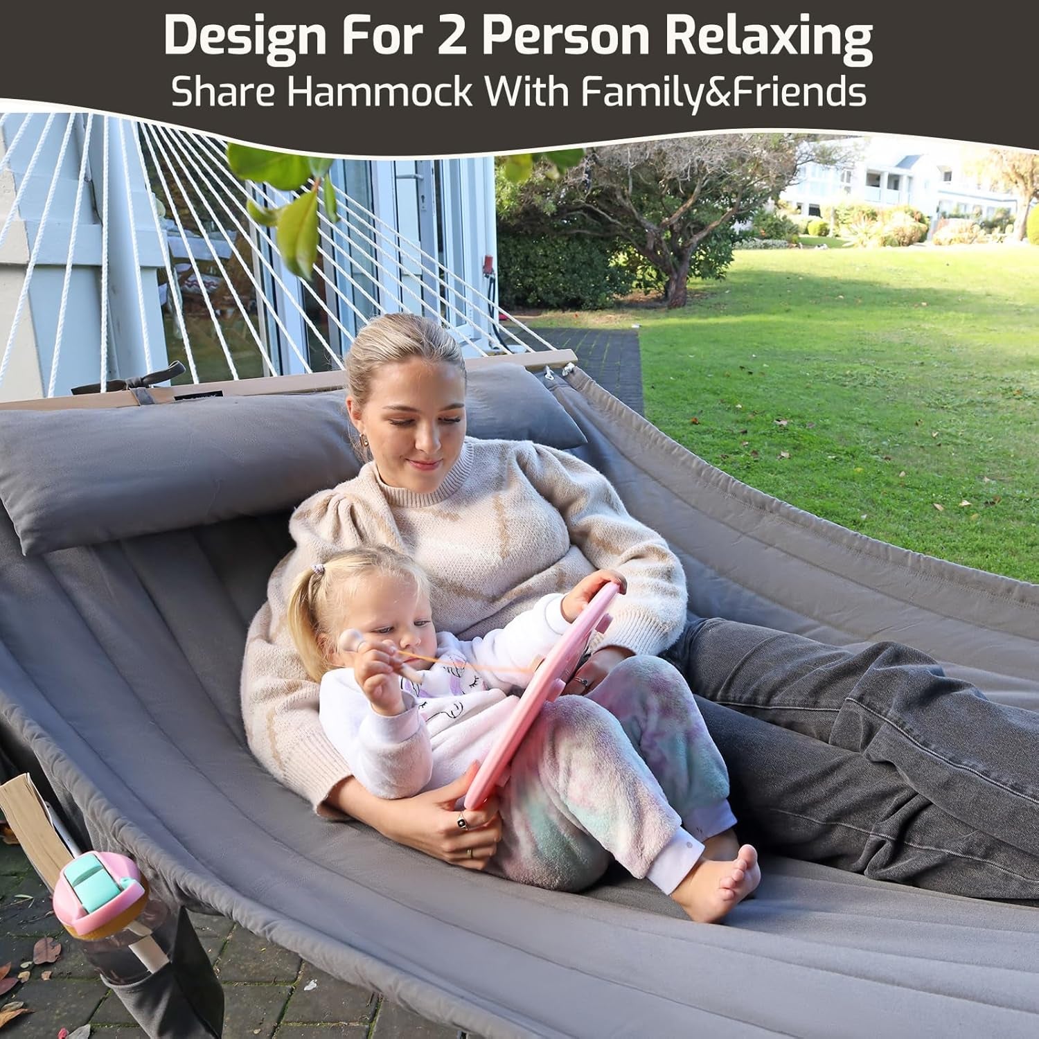 Double Quilted Fabric Hammock with Hardwood Spreader Bars and Pillow 450 LBS Capacity 2 Person Large Hammock for Outdoor Patio Backyard Poolside - Green