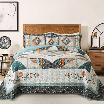 Cotton King Size Quilt Sets, Lightweight King Quilt Bedding Set (98 X 106 Inch) Garden Style Floral Bedspread King Size Coverlet Set for Bed Decorations - All Seasons, 3 Pieces