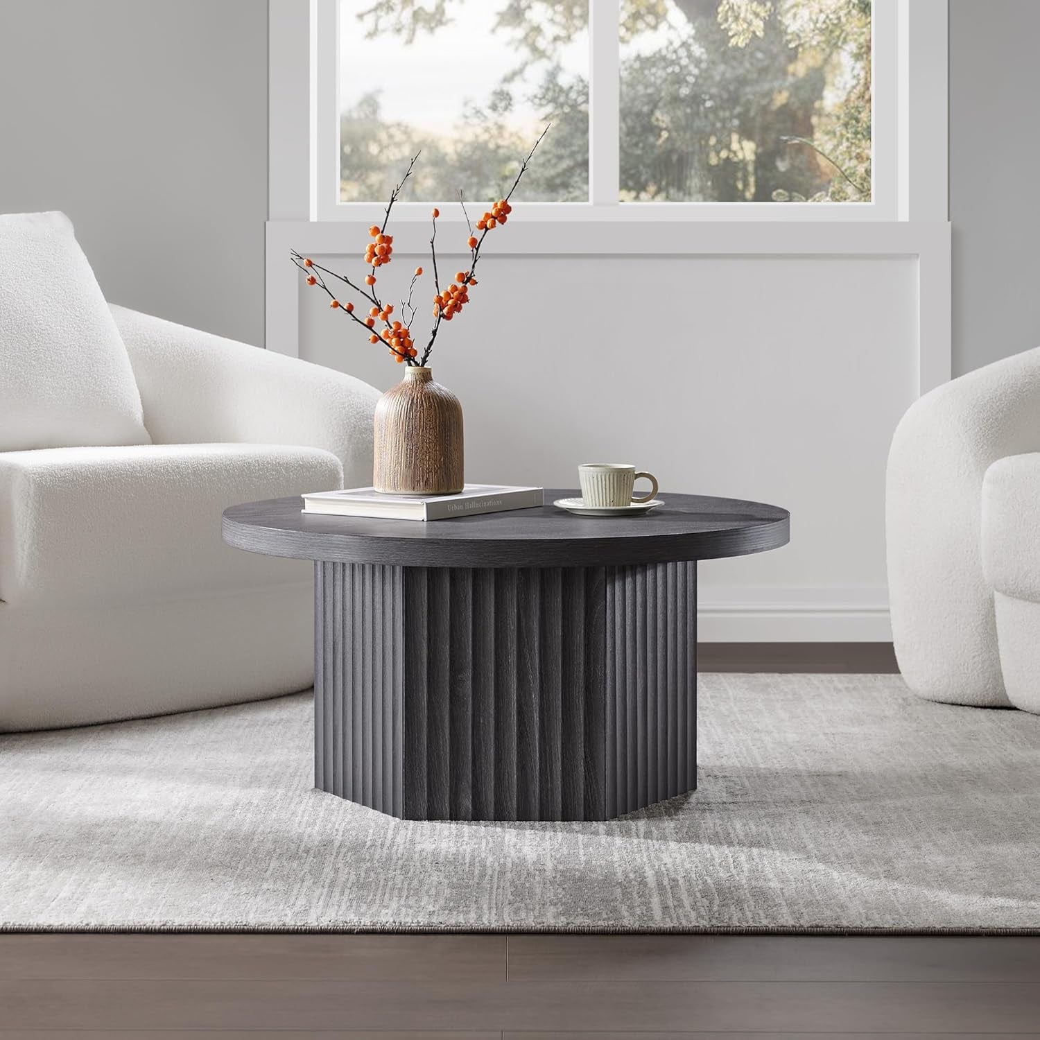 round Coffee Table for Living Room, Mid Century Modern Fluted Center Coffee Table with Storage, 32" Circle Accent Tea Dining Table for Apartment, Dark Grey Alder