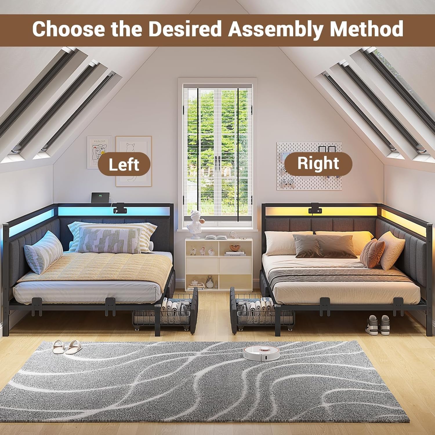 Corner Bed Frame with Storage Drawers, Twin Daybed with Line Fabric Upholstered Fence, Kids Bed Unit with LED Light and Charging Station, Modern Bed Frame