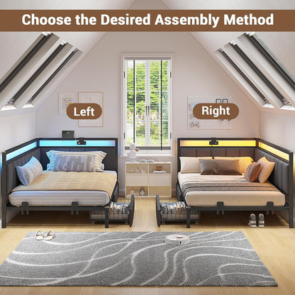 Corner Bed Frame with Storage Drawers, Twin Daybed with Line Fabric Upholstered Fence, Kids Bed Unit with LED Light and Charging Station, Modern Bed Frame