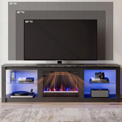 70 Inch Fireplace TV Stand for TV up to 75", LED Entertainment Center with 23" Electric Fireplace Media Console Table for Living Room with Glass Shelves, Black Marble