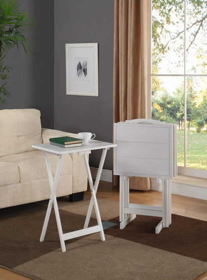 Linon Lisbon Five Piece Farmhouse Plank-Style Top Tray Table Set in White Wood