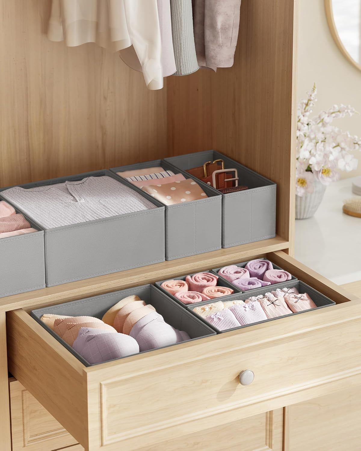 Drawer Organizers, Dresser Divider Organizers, Set of 18, Foldable Fabric Storage Boxes for Socks, Underwear, Bras, Ties, Scarves, Dove Gray URDZ006G05