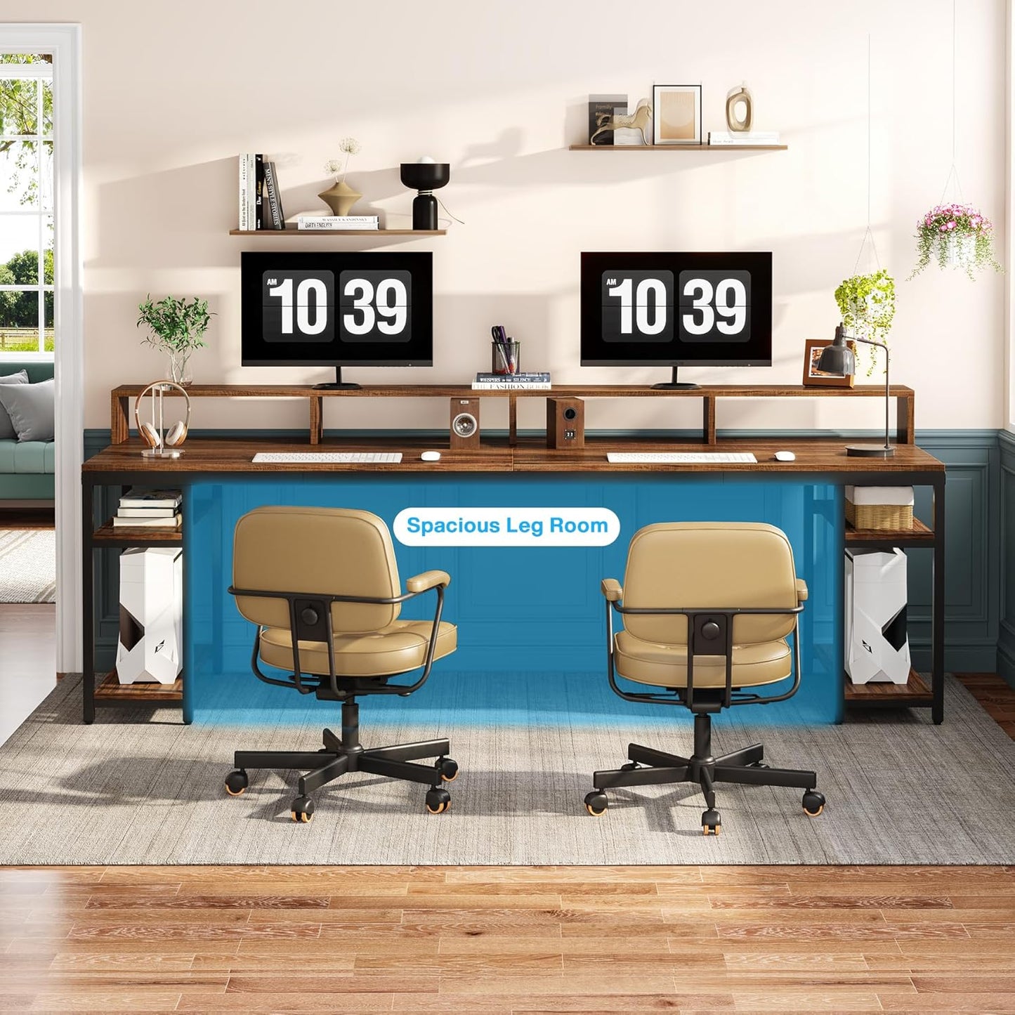 Two Person Desk with Monitor Stand, 78.74" Long Double Computer Office Desk with Storage Shelves, Large Gaming Study Writing Table Workstation for Home Office (Rustic Brown)