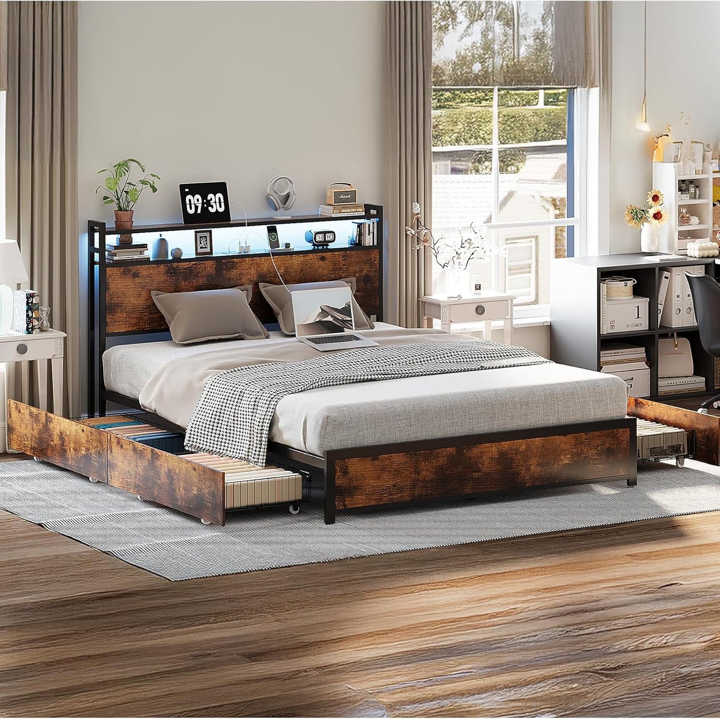 Queen Bed Frame with 4 Storage Drawers and Headboard, Metal Platform Panel Bed with Charging Station and RGB LED Lights, No Box Spring Needed, Noise Free, Easy Assembly, Vintage Brown