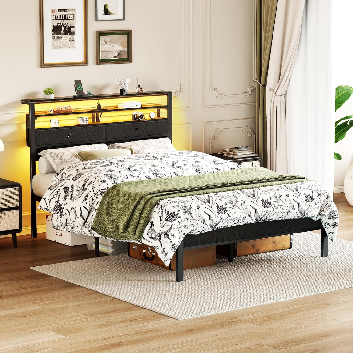 Full Size Bed Frame with Headboard & 2 Fabric Drawers, Full Platform Bed Featuring LED Lights, Built-In Charging Station & Storage Shelves, Metal Slats, No Box Spring Needed – Black Oak