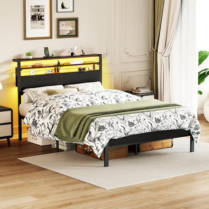 Full Size Bed Frame with Headboard & 2 Fabric Drawers, Full Platform Bed Featuring LED Lights, Built-In Charging Station & Storage Shelves, Metal Slats, No Box Spring Needed – Black Oak