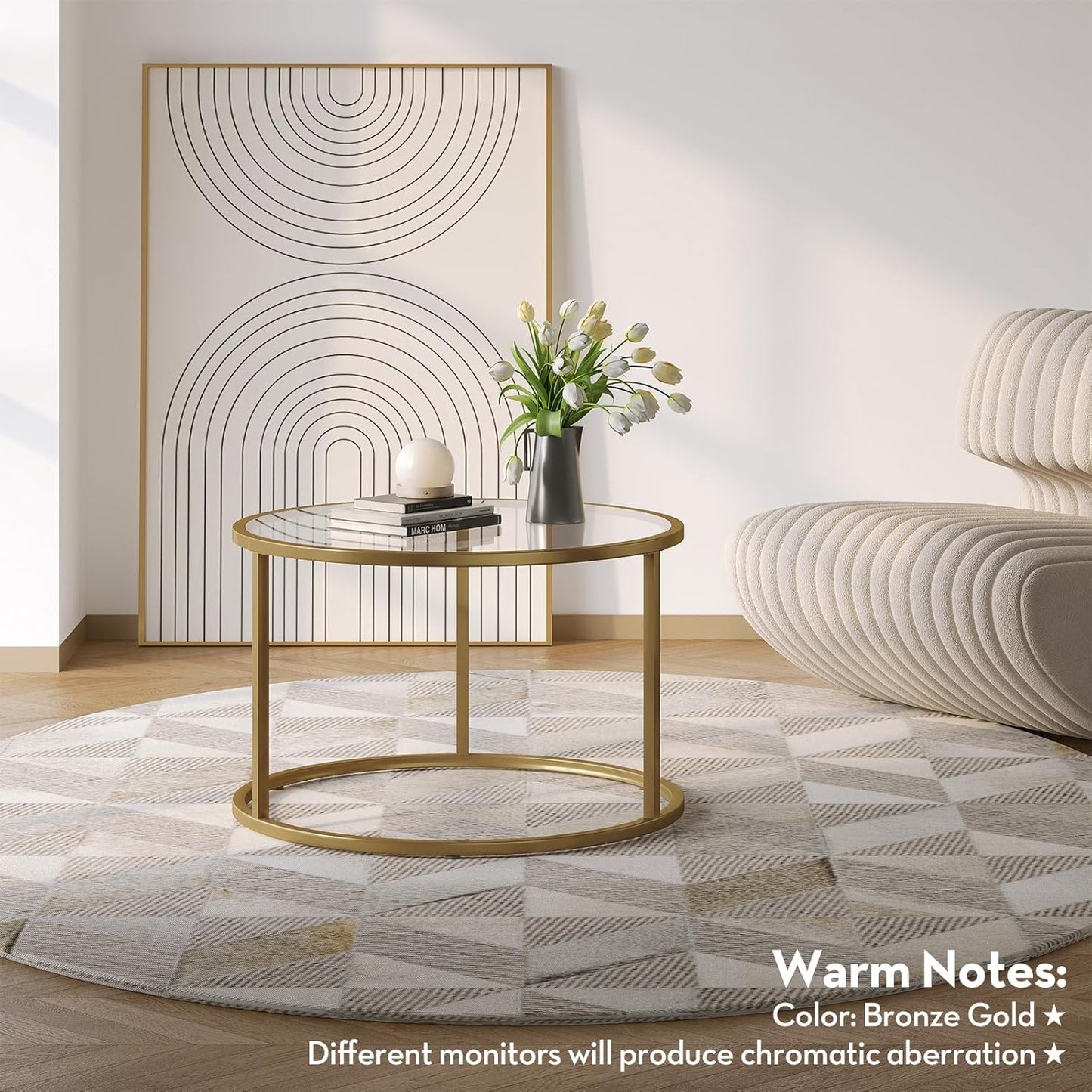 Small Glass Coffee Table round Gold Coffee Table for Small Space Modern Simple Center Table with Gold Frame for Living Room Home Office, Easy Assembly