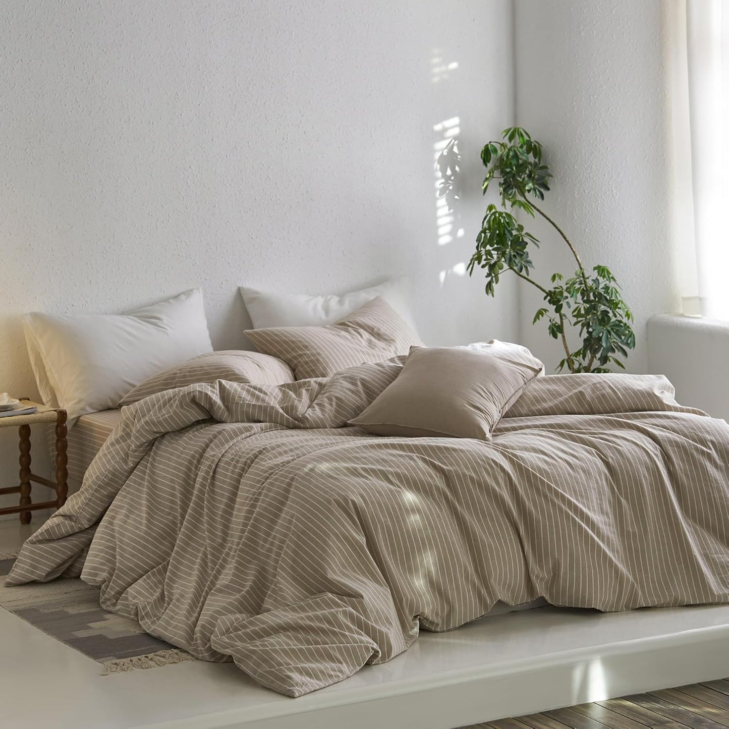 Bedding Pillowcases Striped Pack of 2 100% Washed Cotton Linen like Textured Breathable Durable Soft Comfy (Tannish Linen Grey White Wide Stripes, King)