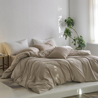Bedding Pillowcases Striped Pack of 2 100% Washed Cotton Linen like Textured Breathable Durable Soft Comfy (Tannish Linen Grey White Wide Stripes, King)